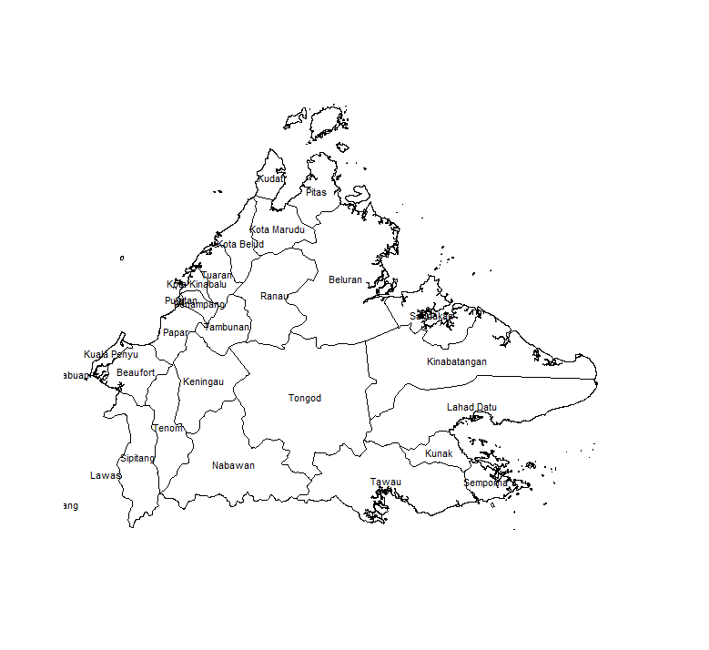 Administrative regions of Sabah province, Malaysia.