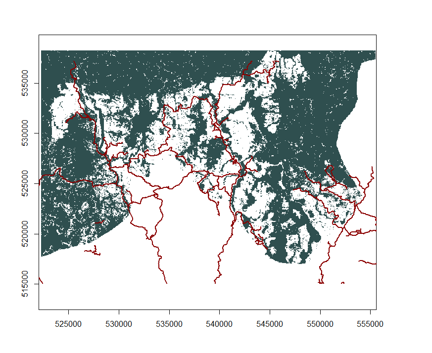 deforested areas, roads added.